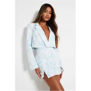 Image of I Saw It First Blue Petite Premium Cropped Printed Blazer - Blue