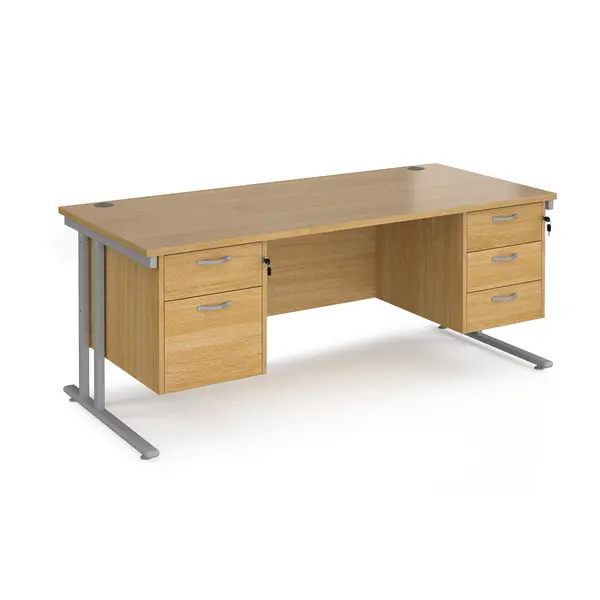 image of Maestro 25 straight desk 1800mm x 800mm with 2 and 3 drawer pedestals - silver cantilever leg frame, oak top