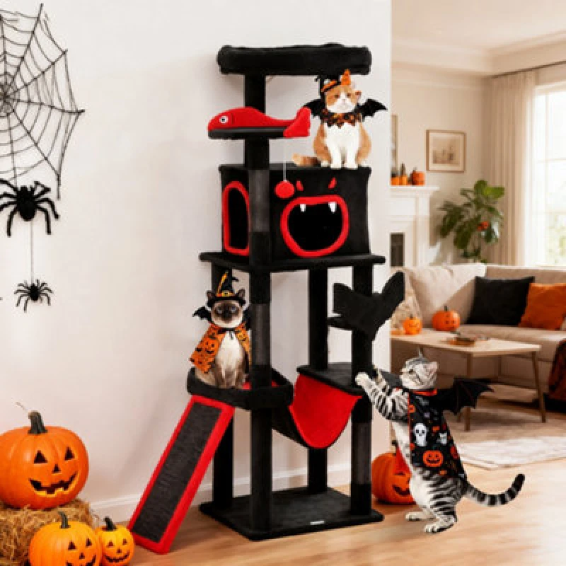 Image of Pawhut 152Cm Gothic Cat Tree For Halloween With Coffin Bed, Large Condo