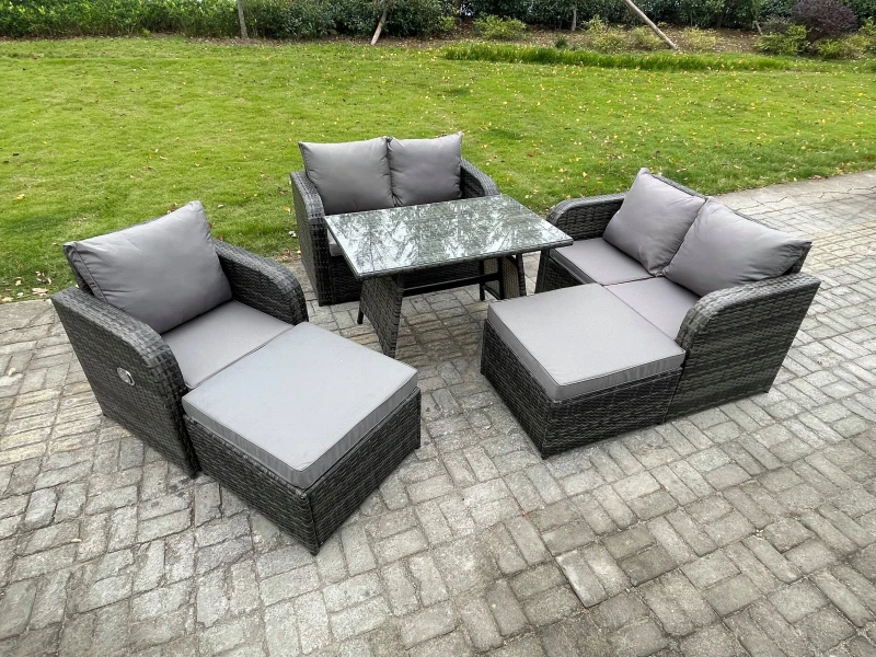 Image of Fimous Outdoor Garden Furniture Sets 7 Seater Rattan Furniture Manual Wicker Patio Sofa Patio Conversation Set with 2 Big Footstool Dark Grey