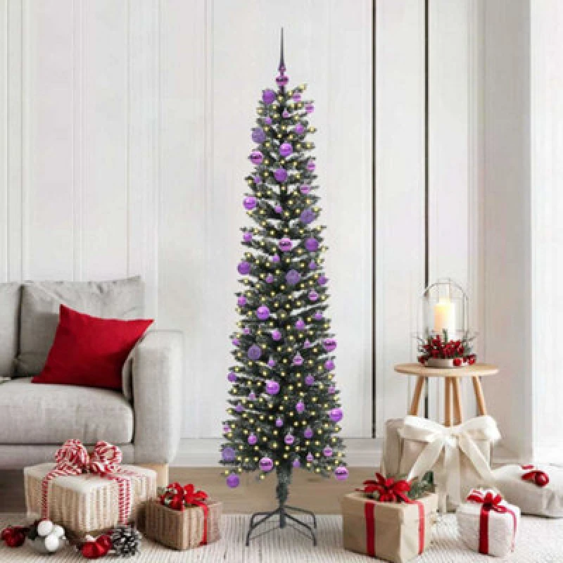 Image of vidaXL Artificial Christmas Tree with Stand, Lilac Balls Green 50.5 x 50.5 x 180 cm, Green 3395946