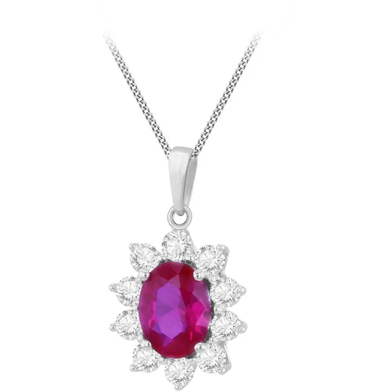 Image of Be You 9ct Gold Oval Synthetic Rudy and CZ Necklace White Gold female 18in