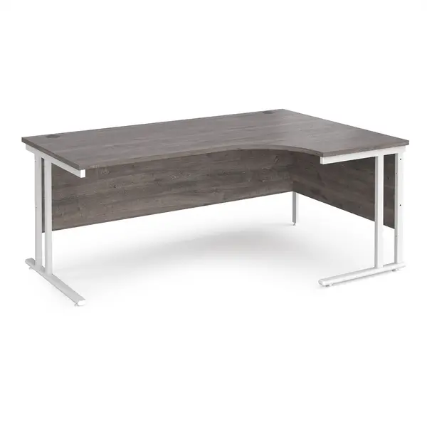 Image of Maestro 25 Right Hand Ergonomic Desk with White Cantilever Frame and Grey Oak Top - 1800mm Wide