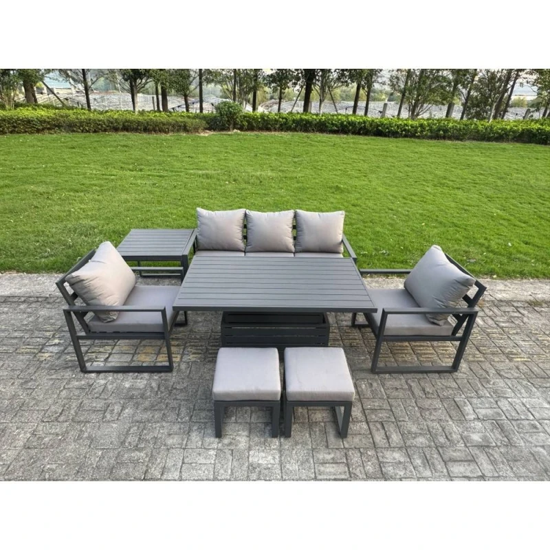 Image of Fimous Aluminum 7 Piece Sofa Set with Lifting Table, 2 Chairs, 2 Small Stools in Dark Grey Dark Grey Unisex