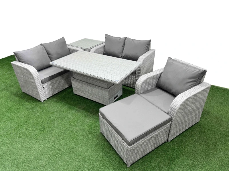 Image of Fimous High Back Poly Rattan Garden Furniture Set with Adjustable Lifting Dining or Coffee Table Indoor Outdoor Patio Set Big Stool Side Table