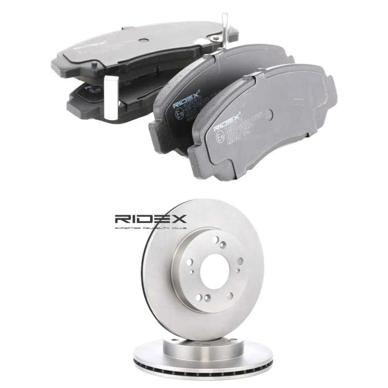 Image of RIDEX 3405B2711 Brake disc and pads set Front Axle, Brake Disc Type: internally vented, with acoustic wear warning Brake Set,disc brakes (3405)