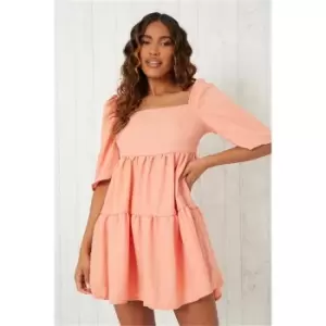 Image of I Saw It First Rose Linen Look Square Neck Tiered Smock Dress - Pink