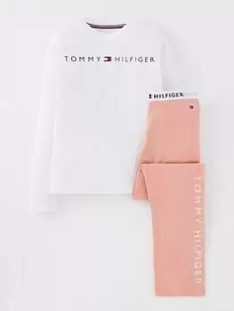 Image of Tommy Hilfiger Girls Jersey Long Sleeve T-Shirt & Pant PJ Set - White/Rose Tan, White/Rose Tan, Size 10-12 Years, Women