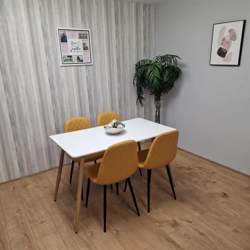 Image of KOSY KOALA Kosy Koala - Wooden Dining Table with 4 Mustard Gem Patterned Chairs White Table with Mustard Chairs Rectangle white tulip table + 4 mustar