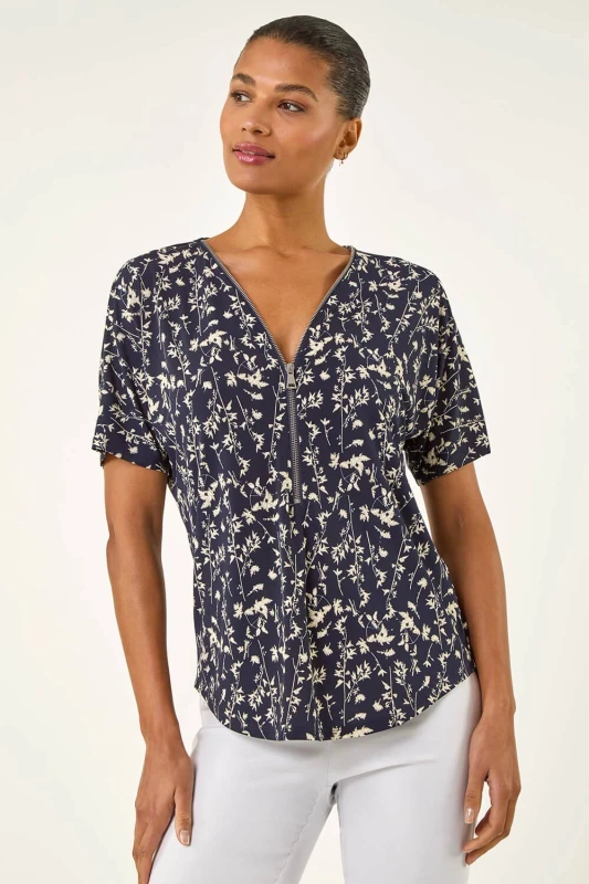 Image of Roman Womens Floral Puff Print Zip Front Top in Navy Size: 14 Navy Female 14