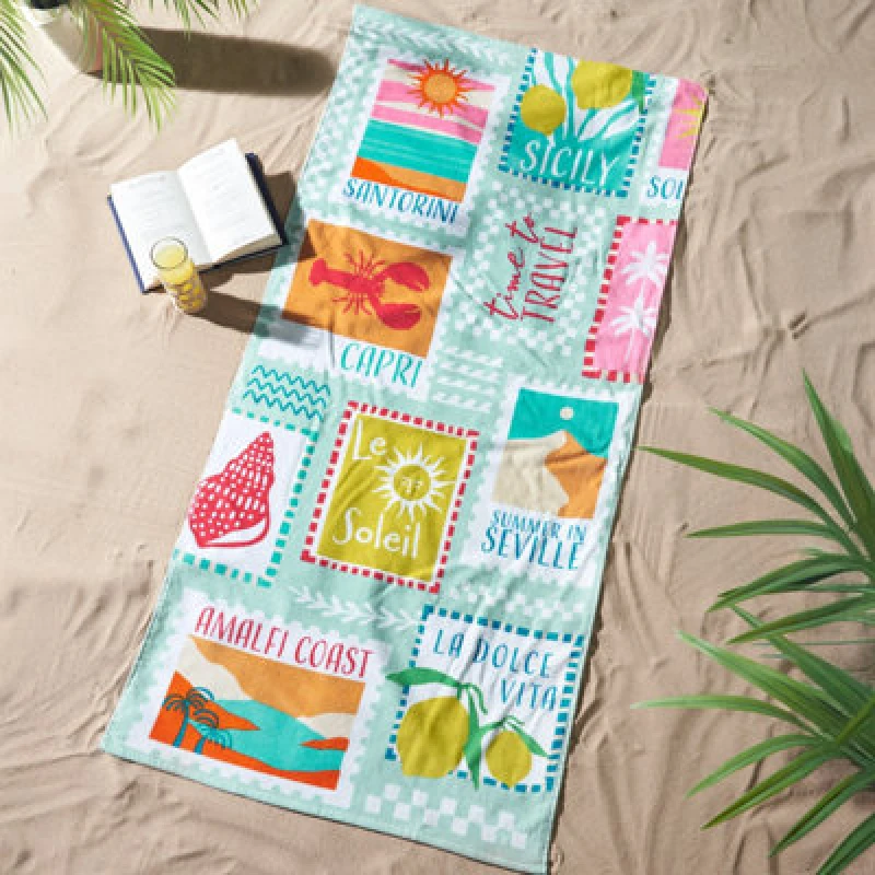 Image of Catherine Lansfield Postcards Absorbent Beach Towel Green