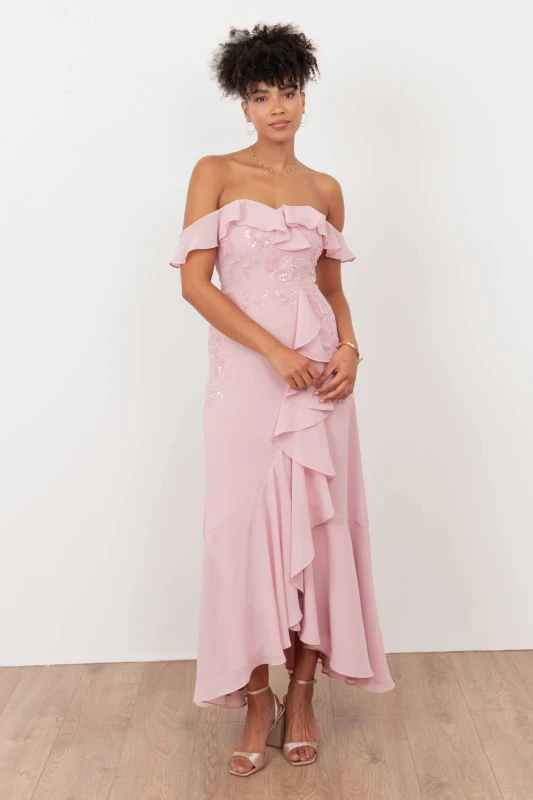 Image of Maya Deluxe Womens Embellished Faux Wrap Bardot Midaxi Dress in Light Pink Size: 8 Light Pink Female 8