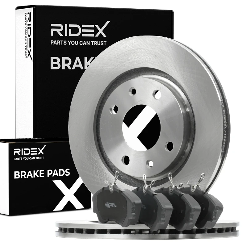 Image of RIDEX 3405B1533 Brake disc and pads set Front Axle, Brake Disc Type: Externally Vented, not prepared for wear warning indicator, without wheel studs