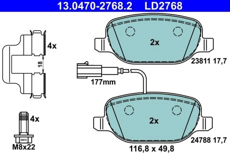 Image of ATE 13.0470-2768.2 Brake pad set with integrated wear warning contact, with brake caliper screws Brake Pad Set,disc brake (402)