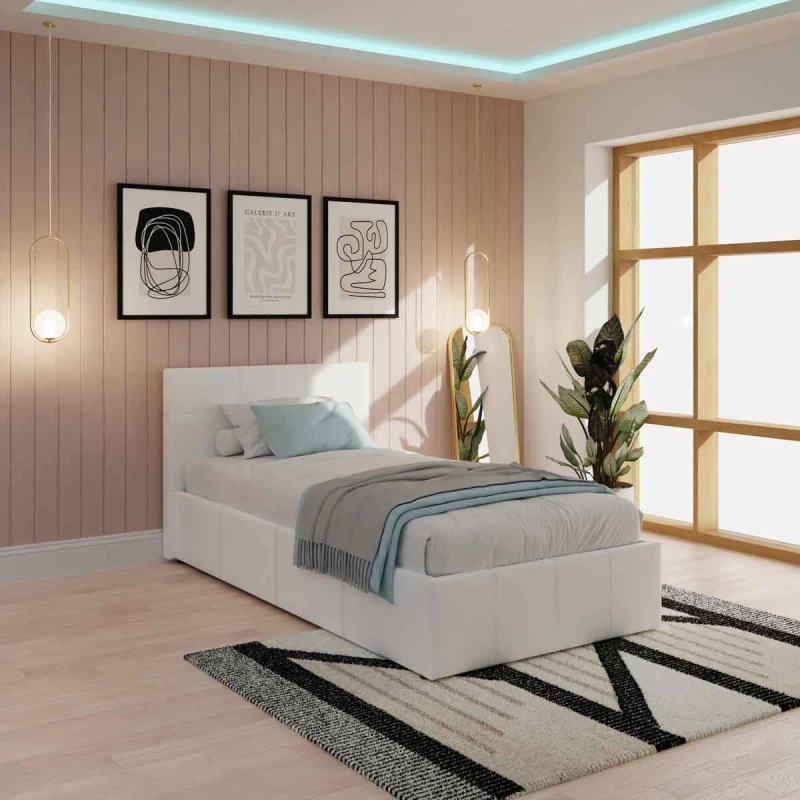 Image of GFW Side Lift Single Ottoman White PU Bed & Bonnel Mattress, White SL090WHSB