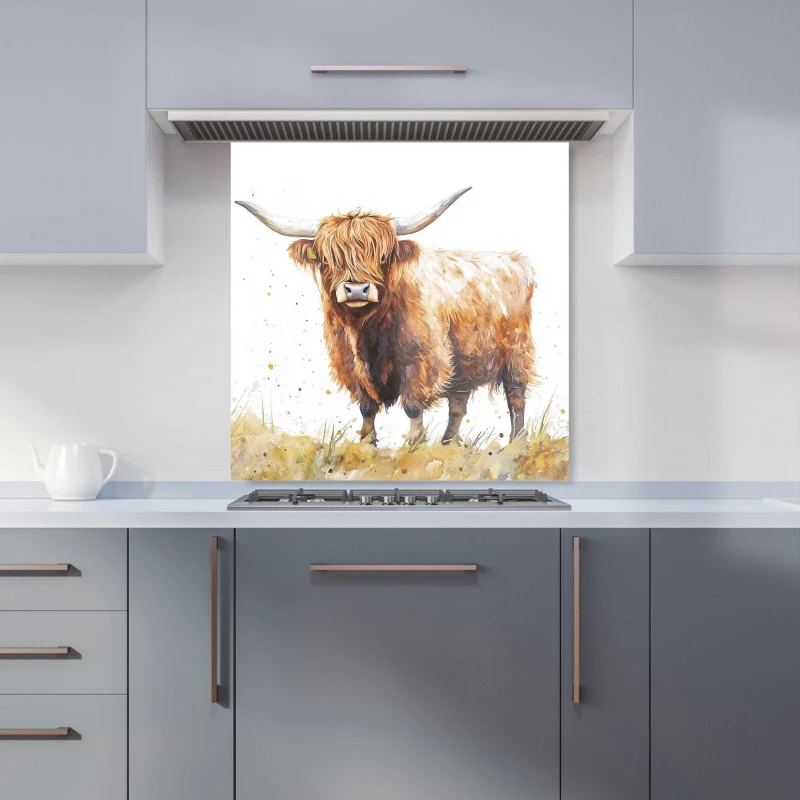 Image of Warren Reed - Designer Watercolour Highland Cow Kitchen Splashback in Brown Size: 600mm x 600mm Brown Unisex 600mm x 600mm