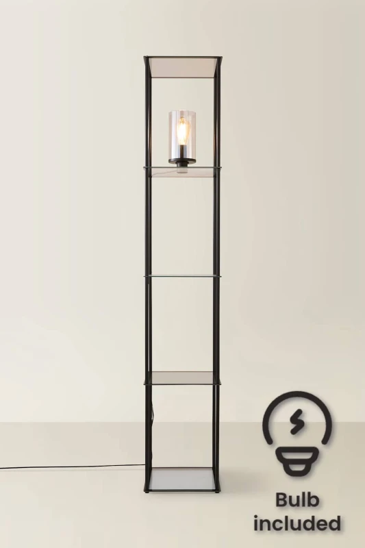 Image of ValueLights Gobie Metal Frame with Glass Storage Shelf Floor Lamp with LED Bulb Black