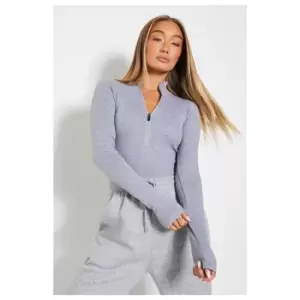 Image of I Saw It First Cotton Rib High Neck Long Sleeve Zip Front Bodysuit - Grey