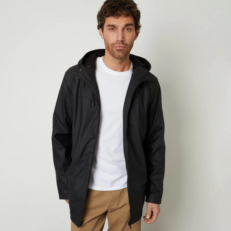 Image of Threadbare Microfleece Lined Hooded Rubberised Raincoat Black