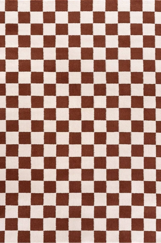 Image of THE RUGS Loft Checkered Living Room Area Rug & Runners Soft Pile in Terracotta Size: 80cm x 150cm Terracotta Unisex 80cm x 150 cm