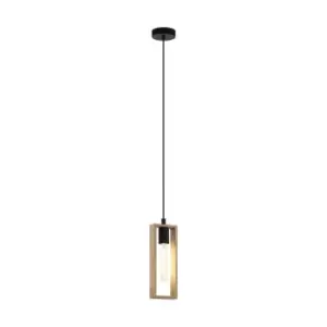 Image of Hanging Ceiling Pendant Light Black & Wood Frame 1 x 60W E27 Hallway Feature