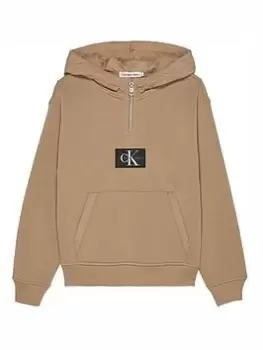 Image of Calvin Klein Jeans Boys Quilted Mix Media Hoodie - Camel, Camel, Size 8 Years