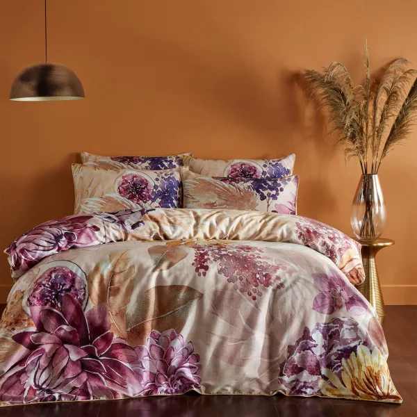 Image of Paoletti Saffa 100% Cotton Duvet Cover and Pillowcase Set Purple/Beige