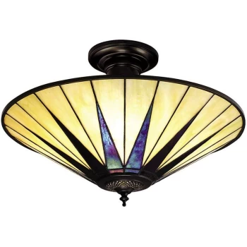 image of Interiors Dark Star - 3 Light Large Semi Flush Ceiling Light Black, Tiffany Style Glass, E27