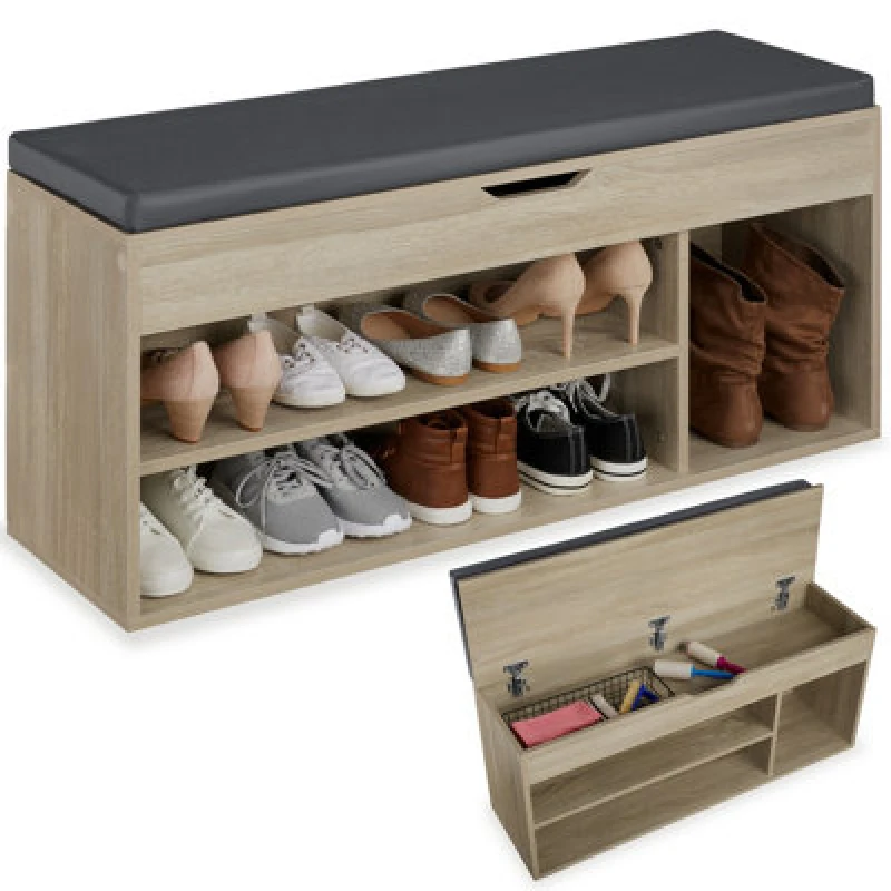 Image of Tectake Shoe Rack Natalya - 4 Storage Spaces, Bench Seat Cushion, For 9 Pairs Of Shoes - 104cm - Wood Light, Oak Sonoma