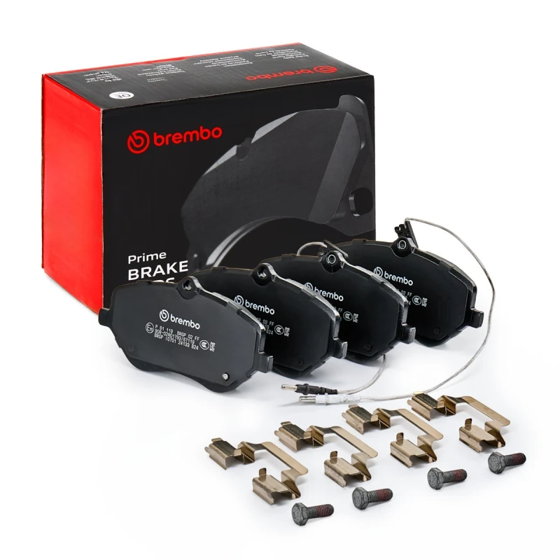 Image of BREMBO P 61 119 Brake pad set PRIME LINE incl. wear warning contact, with accessories, with anti-squeak plate Brake Pad Set,disc brake (402)