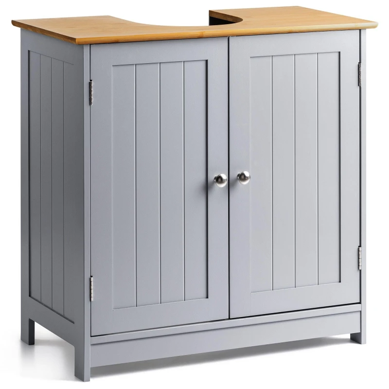 Image of Christow Bathroom Under Sink Cabinet Grey Bamboo Wooden Storage Cupboard Unit Grey