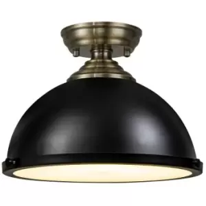 image of Luminosa Talisa Flush Ceiling Lamp E27 With Round 31cm Metal Shade Antique Brass, Matt Black, Frosted White