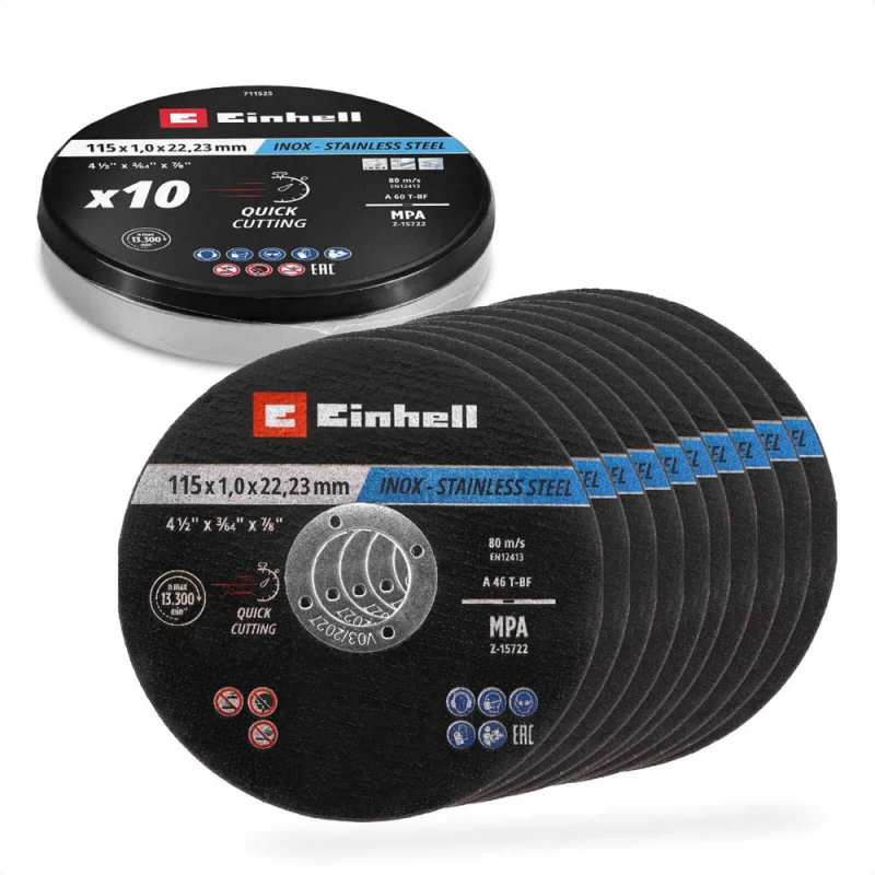 Image of Einhell Inox Stainless Steel Cutting Discs in Storage Tin 115mm 1mm Pack of 10 49711525