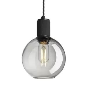 image of Industville Knurled Tinted Glass Globe Pendant Light in Smoke Grey with Black Holder / Large