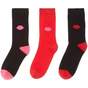 image of Lulu Guinness Lip ankle sock 3 per pack - Black