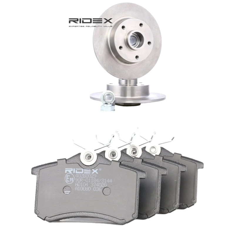 Image of RIDEX 3405B1839 Brake disc and pads set Rear Axle, Brake Disc Type: Solid, not prepared for wear warning indicator, without wheel bearing Brake Set,d