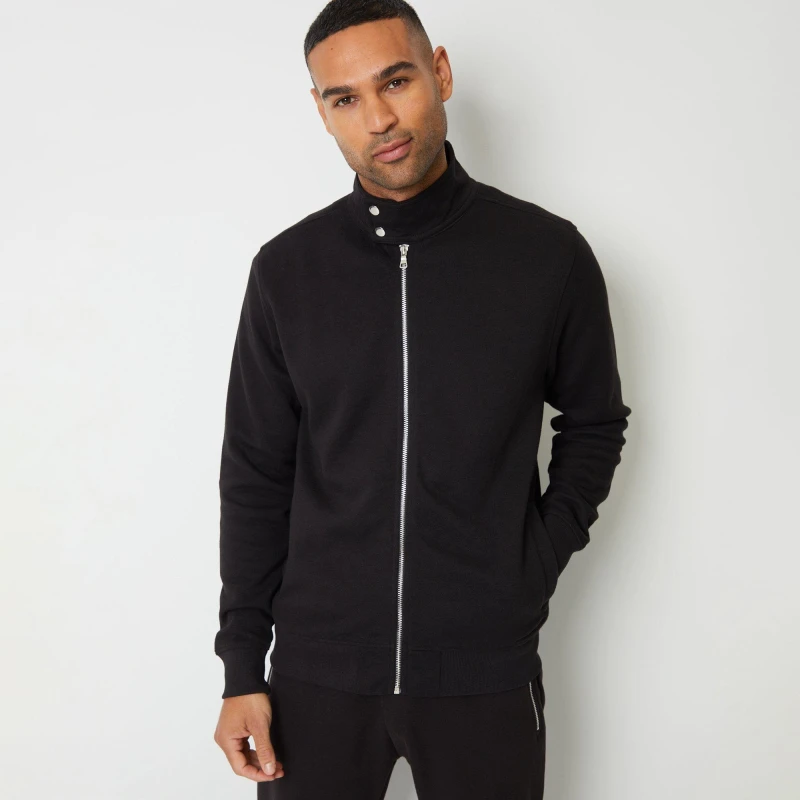 Image of Threadbare 'Snappy' Zip Up Popper Collar Pique Sweatshirt Black