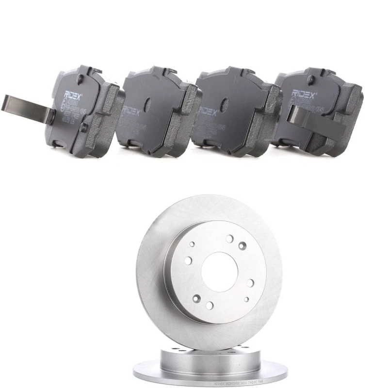 Image of RIDEX 3405B2264 Brake disc and pads set Rear Axle, Brake Disc Type: Solid, with acoustic wear warning Brake Set,disc brakes (3405)