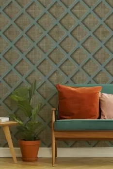 image of Superfresco Easy Ocean Panel Rattan Blue Trellis Wallpaper