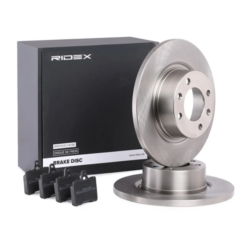 Image of RIDEX 3405B0044 Brake disc and pads set Rear Axle, Brake Disc Type: Solid Brake Set,disc brakes (3405)
