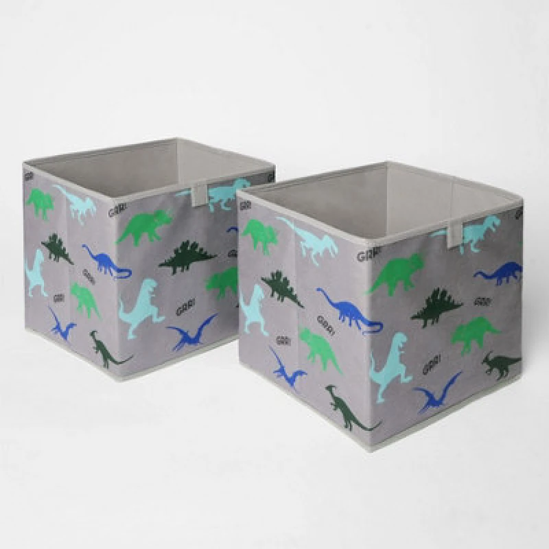 Image of OHS OHS Pack of 2 x Dinosaur Print Cube Storage Boxes in Light Grey Light Grey One Size Unisex 5027434157495