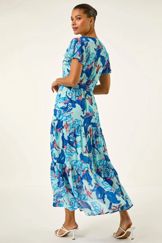 Image of Roman Womens Floral Tiered Tie Waist Dress in Blue Size: 18 Blue Female 18