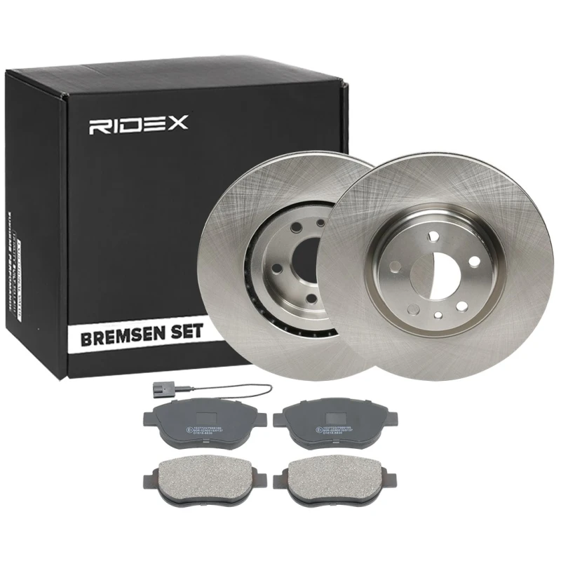 Image of RIDEX 3405B1800 Brake disc and pads set Front Axle, Brake Disc Type: Vented, incl. wear warning contact, with anti-squeak plate Brake Set,disc brakes