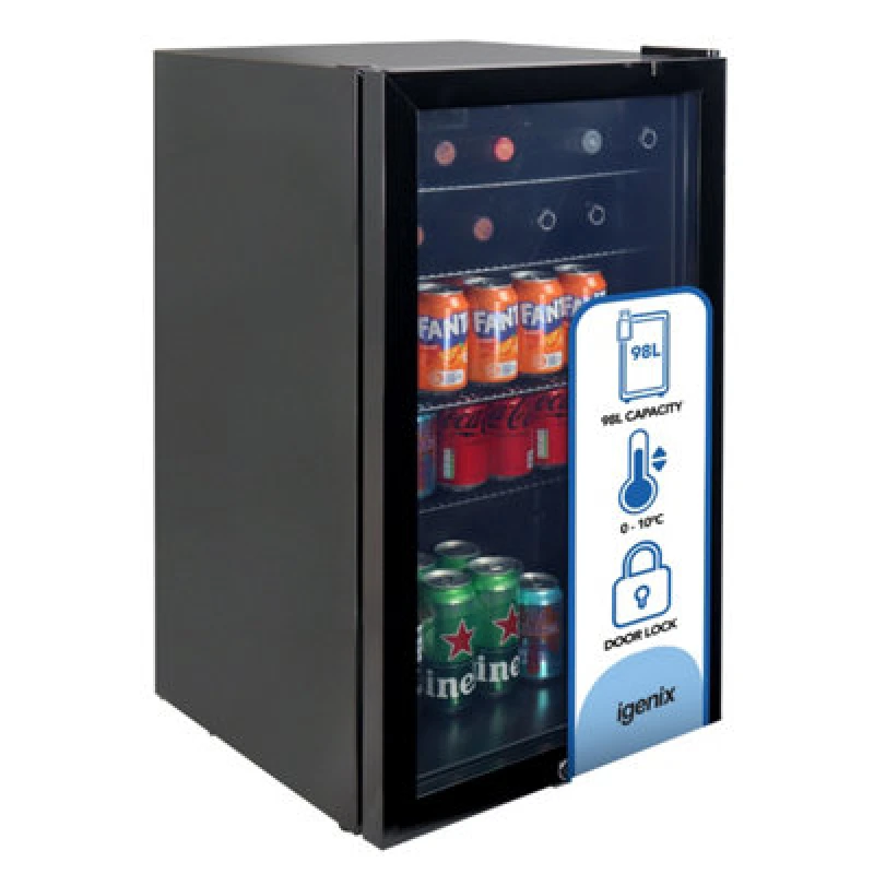 Image of Igenix 98L Under Counter Drinks Fridge, Fridge With Lock, 0 To 10C, Compact Beverage Cooler, Reversible Door, Igbf098Ucb, Black