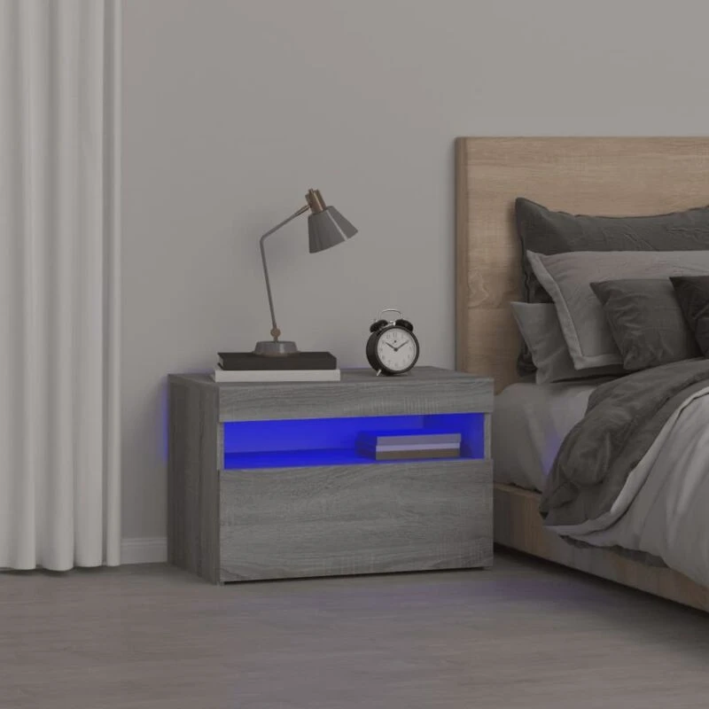 Image of vidaXL Bedside Cabinet with LED Lights Grey Sonoma 60x35x40 cm, Grey 3152828