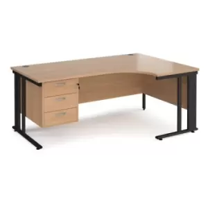 Image of Office Desk Right Hand Corner Desk 1800mm With Pedestal Beech Top With Black Frame 1200mm Depth Maestro 25 MCM18ERP3KB