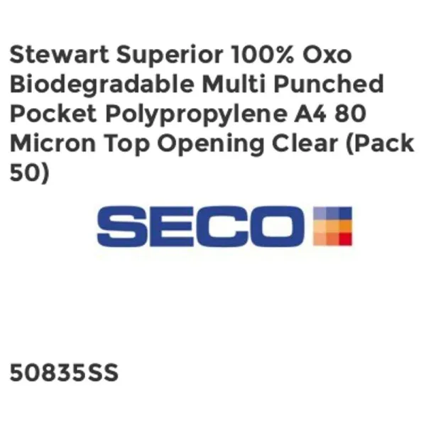 image of Stewart Superior 100% Oxo Biodegradable Multi Punched Pocket Polypropylene A4 80 Micron Top Opening Clear (Pack 50) - PP80