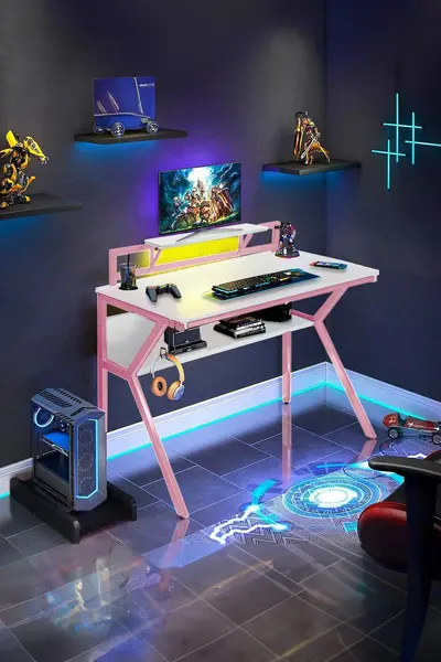 Neo Ergonomic 2 Tier Gaming Computer Office Desk Pink