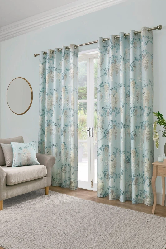 Image of Dreams & Drapes 'Wisteria' Floral Print Pair of Eyelet Curtains in Duck Egg Blue Size: 229cm width x 183cm drop Duck Egg Blue Unisex 229cm width