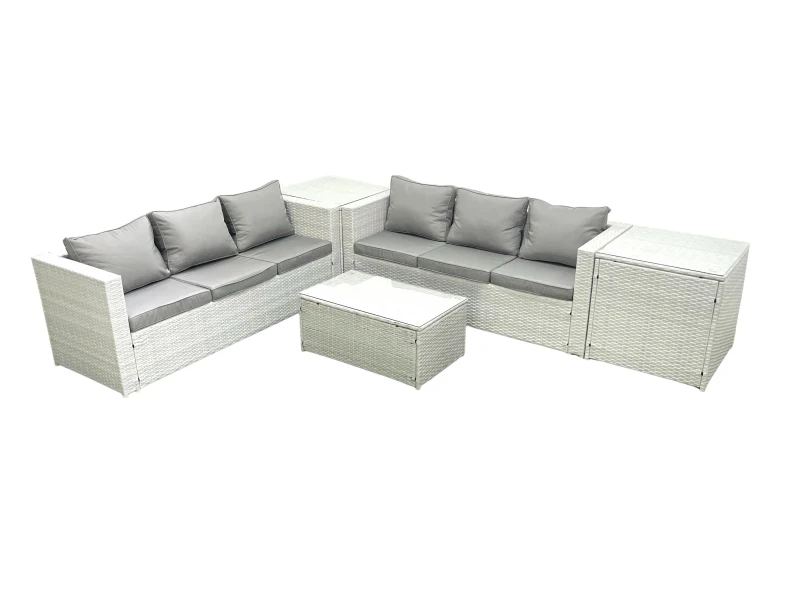 Image of Fimous Garden Outdoor PE Rattan Furniture Set 6 Seater Rattan Garden Sofa Set with 2 Side Tables Light Grey Mixed Light Grey